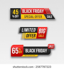 Set of labels for black friday. 3d matted icon with transparent shadow. Breaking news for sale.
