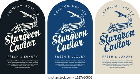 Set of labels for black sturgeon caviar with a sturgeon fish, calligraphic inscription and place for text. Monochrome vector labels, banners or stickers in retro style