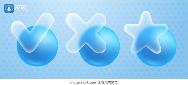 Set von Etiketten mit blauer Kugel und transparenten Symbolen mit Glasmorphismus-Effekt. Häkchen, Kreuz und Sternzeichen. Genehmigen, ablehnen und Lieblingskonzept. Vektorgrafik