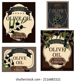 Set of labels for bottles. Olive oil. Olives. Sticker. Vector Stock illustration. Extra virgin. Natural oil. Five stars. Vector Stock illustration. White background. luxury. Food