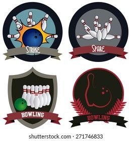 Set of labels with bowling elements and text. Vector illustration
