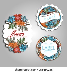 Set of labels with bright flowers background.