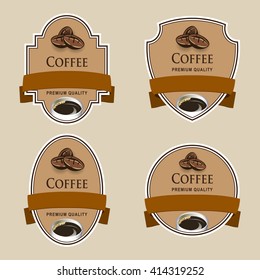 Set of labels with brown tape. Coffee theme. Grouped for easy editing. Perfect for labels for coffee, chocolate, liquor, shampoo, shower gel and etc.