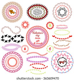Set of labels, brushes, circles and vector element with retro vintage styled design. Set for Valentine's day with hearts, gifts, animals. Hand drawn isolated doodles on white background. 