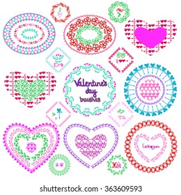 Set of labels, brushes, circles and vector element with retro vintage styled design. Set for Valentine's day with hearts, flowers , pattern. Hand drawn isolated doodles on white background. 
