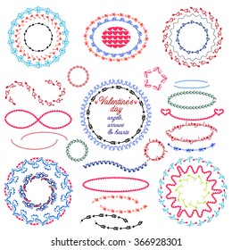 Set of labels, brushes, circles and vector element with retro vintage styled design. Set for Valentine's day with hearts, arrows ,angels,  pattern. Hand drawn isolated doodles on white background. 