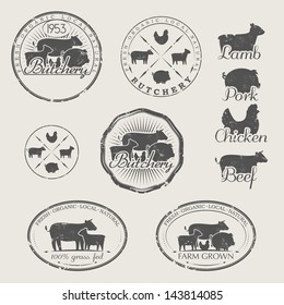 A set of labels for butchery. Icons of beef, pork, lamb and chicken 