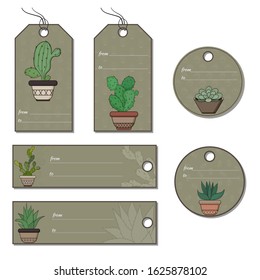 Set of labels with cacti in flower pots.