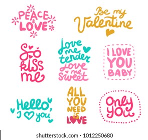 Set of labels with calligraphic love phrases of various color decorated flowers and hearts isolated vector illustration 