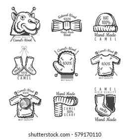 Set of labels from camel wool with yarn. Logo for knitted craft related site or business