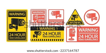 Set of Labels with Camera Security Warning Isolated Icons on White Background. Cctv Video Surveillance Monitoring Devices for Monitoring in Public Places or Supermarkets. Vector Illustration