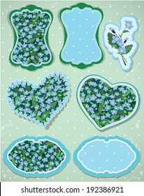 Set of labels and cards with pattern of beautiful flowers - forget me not - floral nature background. 