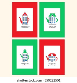 Set of labels with cartoon doodle teapot, Templates packaging tea, coffee, Vector illustration, design cards for tea party, healthy magazines, cooking, web sites, restaurant newsletters, menu, page