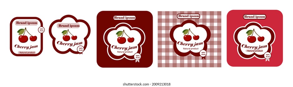 Set of labels for cherry jam in retro style. Vector illustration.