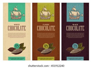 Set of labels for chocolate with fruits of cocoa beans and sailing ship floating on the sea waves. Vector vintage engraved illustration.