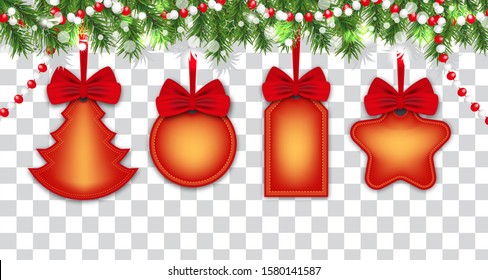 Set labels for Christmas and New Year on ribbons with red bows hanging on Christmas tree isolated on transparent background. Shape of circle, Christmas tree, rectangle and star. Vector illustration.