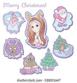 Set of labels with Christmas pictures: girl with the horns of a deer, angel, Christmas tree, Santa Claus, cat, bear, deer, gifts. Fashion patch badges.
