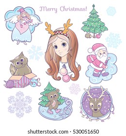 Set of labels with Christmas pictures: girl with the horns of a deer, angel, Christmas tree, Santa Claus, cat, bear, deer, gifts. Fashion patch badges.