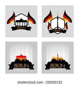 a set of labels and cityscape with famous places in Berlin