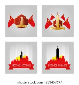 a set of labels and cityscape with famous places in Hong Kong