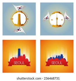 a set of labels and cityscapes with famous places in seoul