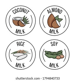 Set of labels with coconut, almond, rice, and soy milk. Vector flat illustration. Tropical dairy products. Collection round elements for packaging design nutrition on white.