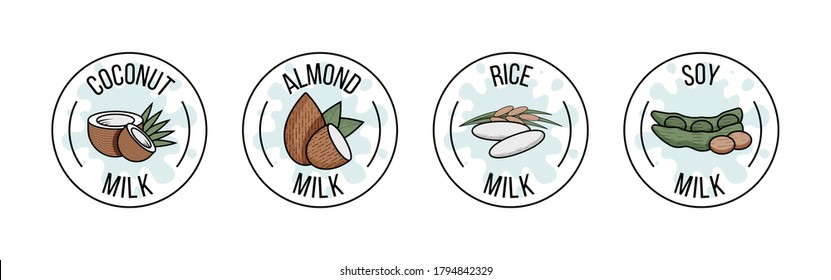 Juego de etiquetas con coco, almendras, arroz y leche de soja. Ilustración plana vectorial. Productos lácteos tropicales. Recolección de elementos redondos con batido de leche para el diseño de envases de la nutrición en blanco.