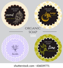 Set of labels with coconut,lime,lavender,orange.Set of patterns, labels and logo design templates for hand made organic soap packaging. 