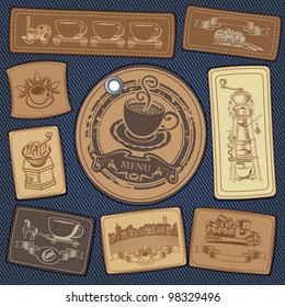 set of labels for coffee on the background of denim