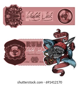 Set of labels with color skull smoking pipe and whale in engraving style. Vector marine design elements on white