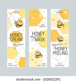 Set of labels for cosmetics with bee honey. Design templates for cosmetics packaging.