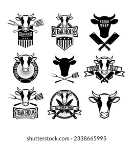 Set of labels with cow heads. Steak house, Fresh beef, butcher shop, grill.  Design element for logo, label, emblem, sign, badge. Vector illustration.