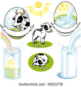 set of labels. cow and milk. vector.