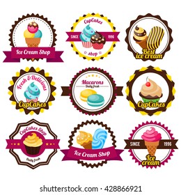 Set labels cupcakes or sticker isolated with ribbons colorful pastries and different titles inside vector illustration