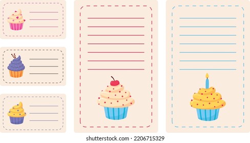 A set of labels for cupcakes. Vector illustration of cupcakes.	