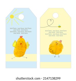 Set of labels from cute Easter chickens. Easter holiday. Label or banner, postcard design. Flat illustration.