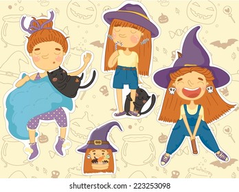 Set of labels with cute little witches.