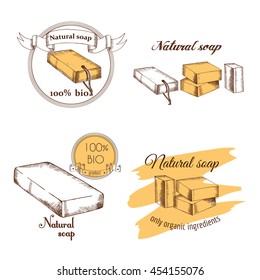 Set labels for decoration handmade soap, natural and organic soap. Vector sketch freehand drawing in graphic style. 