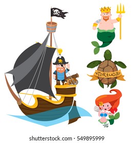 Set of labels for design items with a pirate theme. Cartoon illustration for gaming mobile applications. Pirate Frigate and fantastic sea inhabitants
