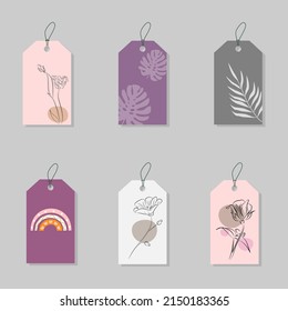 Eine Reihe von Etiketten mit einem minimalistischen Design von Blumen, abstraktem Hintergrund, für Verpackung, Produkte, Druck, Textilien, Vektorgrafik