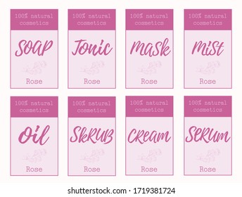 Set of labels for the design of packaging cosmetics from rose. Body and face care. Products for bath and shower. Organic lavender cosmetics and natural care.