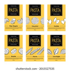 Set of labels design for packaging of pasta. Different Pasta types for menu. Vector illustration