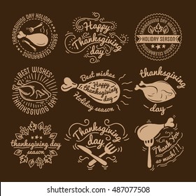 Set of labels design template to Thanksgiving Day. Icons with turkey for banner and invitation. Vector tags, stickers and badges with symbols for autumn fall holiday. Flat design.