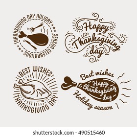 Set of labels design template to Thanksgiving Day. Black icons with turkey for banner and invitation. Vector tags, stickers and badges with symbols for fall holiday. Flat design. Illustration isolated