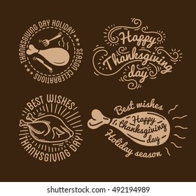 Set of labels design template to Thanksgiving Day. Black icons with turkey for banner and invitation. Vector tags, stickers and badges with symbols for fall holiday. Flat design. Illustration isolated