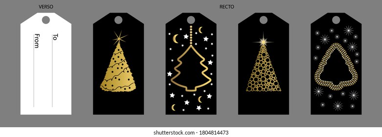 Set of labels with different designs of gold Christmas trees on a black background, to decorate and name the recipient of your gifts.