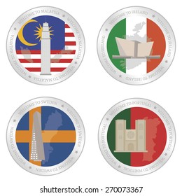 Set of labels with different flags and monuments. Vector illustration