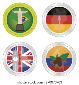 Set of labels with different flags and monuments. Vector illustration