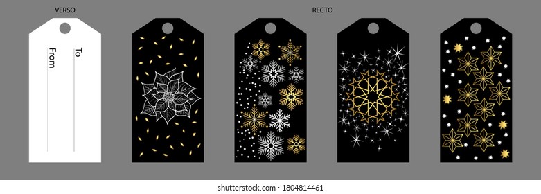 Set of labels with different gold and white Christmas designs on a black background, to decorate and name the recipient of your gifts.