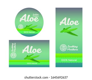Set of Labels of different shapes for cosmetics with aloe vera. Delicate, bright, light, simple and fun design. Aloe leaves with packaging information elements